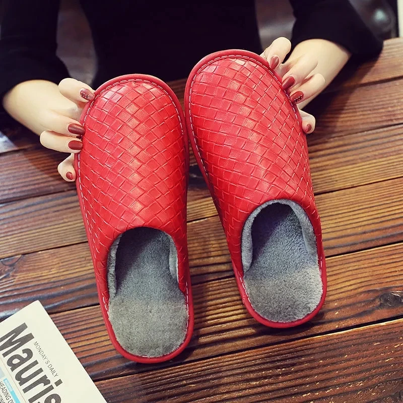 Brand Plaid Leather Handmade Men House Slippers Winter Slip On Soft Comfort Black Brown Bedroom Indoor Flat Men Shoes 2022