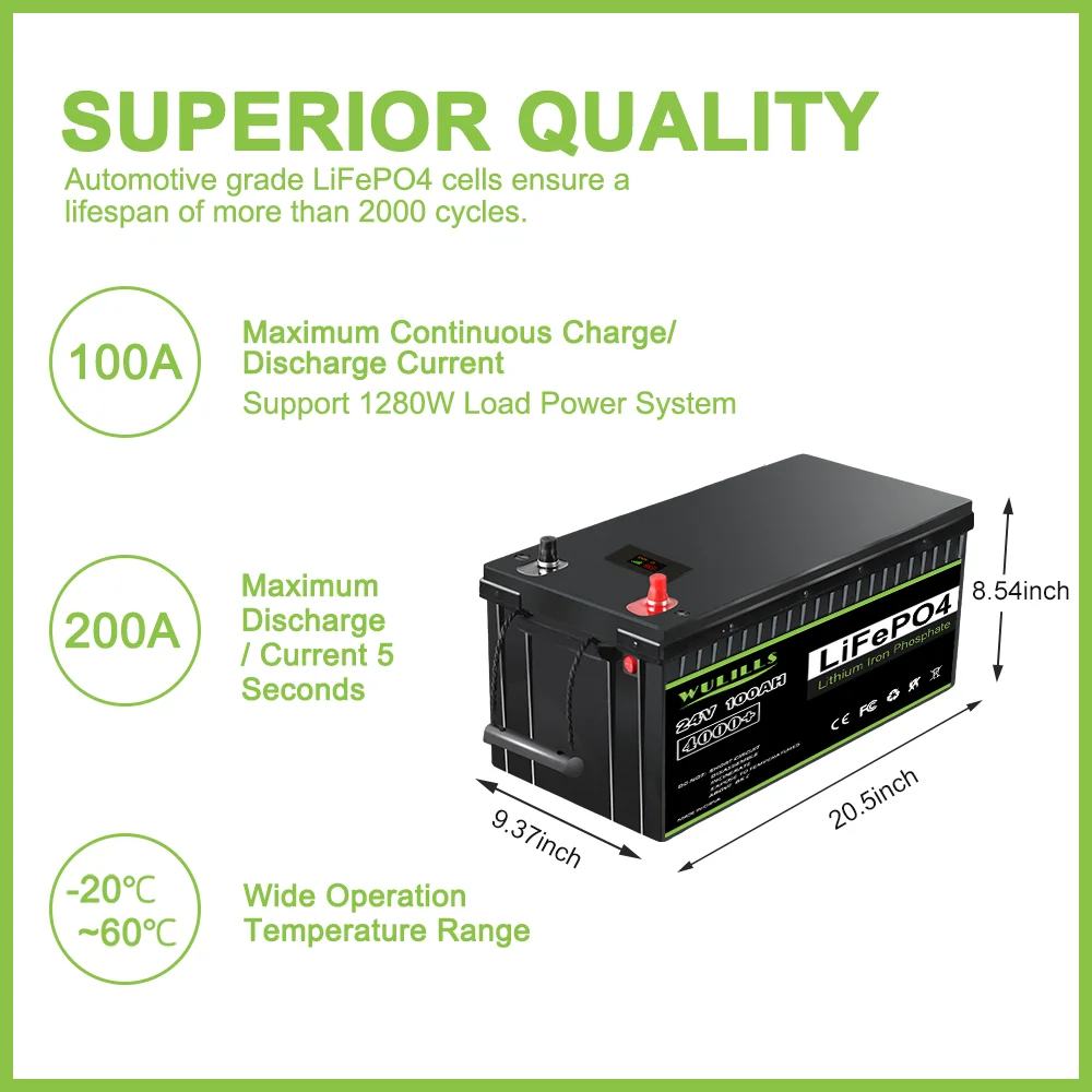 24V 100Ah LiFePO4 Batteries Built-in BMS Lithium Phosphate Battery for Home Energy Boat Overland/Van Off-Grid Applications