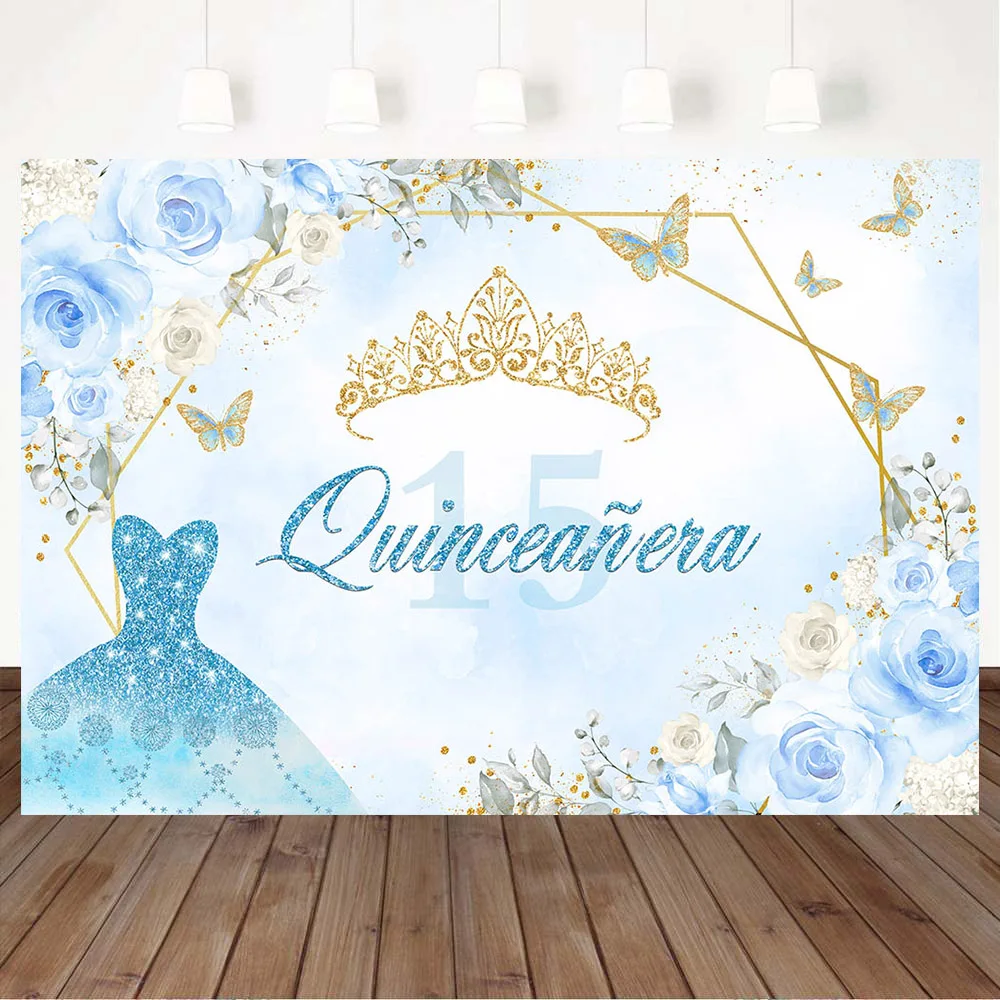 Mocsicka Quinceañera Bé Gái 15th Sinh Nhật Phông Nền Xanh Dương Hoa Bướm Áo Vương Miện Vàng Nền Chụp Ảnh Photocall