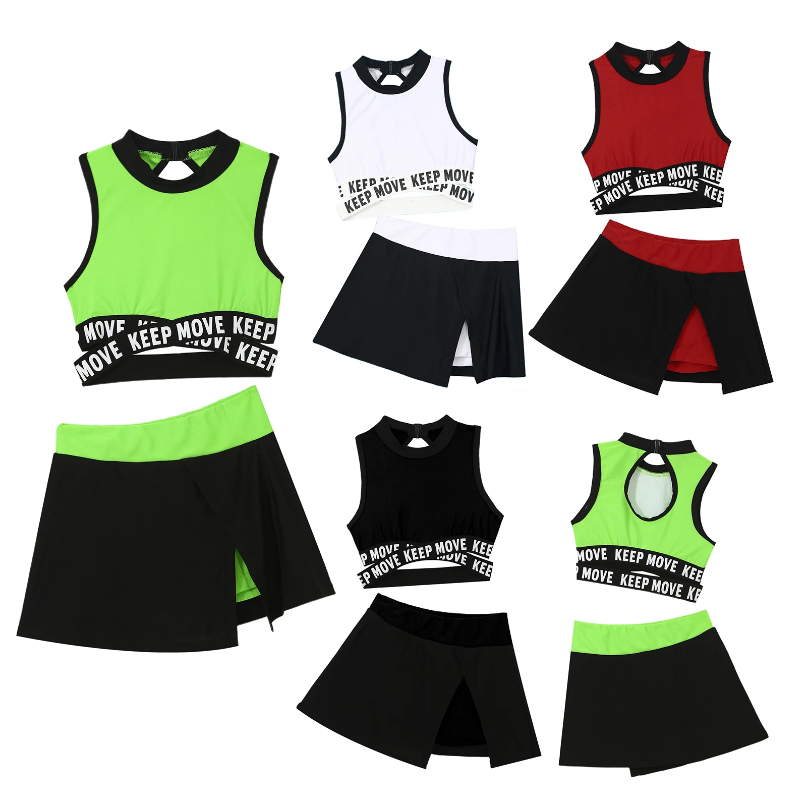 2Pcs Kids Girls Sportswear Sleeveless Keyhole Back Crop Vest Tops and Asymmetrical Irregular Hem Skirt with Built-in Shorts Set