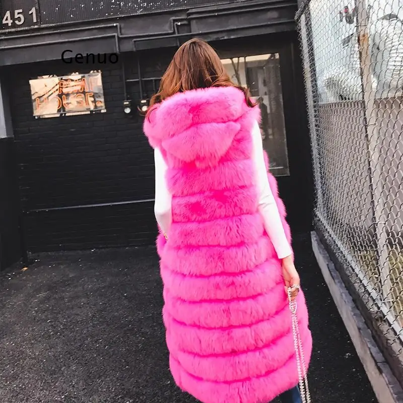 Chaleco de piel sintética para mujer, prenda de lujo con capucha larga, de zorro falso, de alta calidad, para invierno