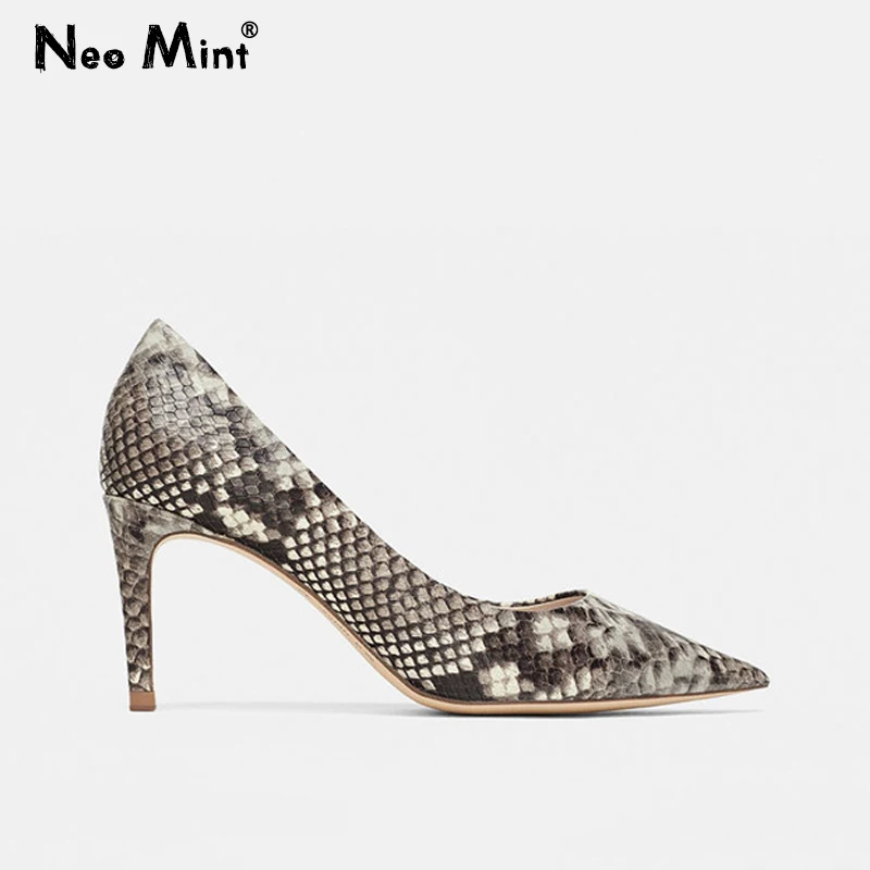 

2021 Sexy Snakeskin Pointed Toe Women Heels Brand Designer Leather Women Pumps Fashion Stilettos Office Shoes Woman