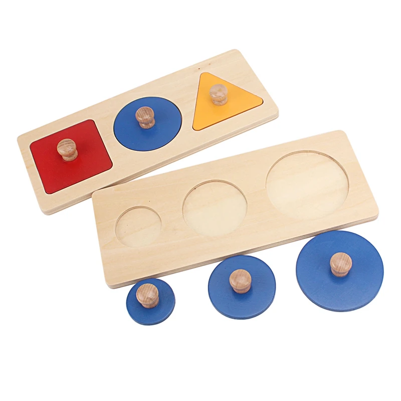 Montessori Wood Geometry Grasping Board Tri-colors Grab Shape Board Increasing Circle Toys for Children Preschool Learning Gift