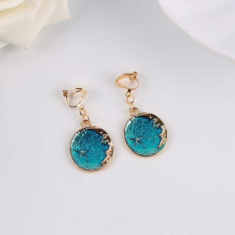 Korea Style Asymmetrical Fresh Enamel Blue Star Moon Planet  Circle Clip on Earrings Non Pierced For Girl Women Party Gift image 3