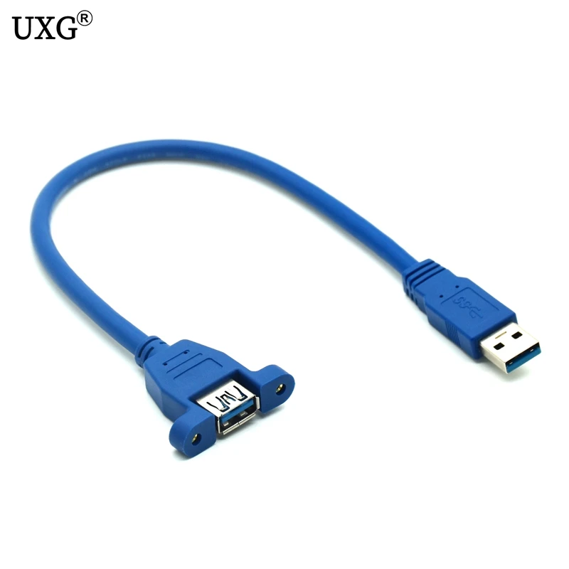 Niebieski kabel USB 3.0 3.0 rozszerzenie męski na żeński przedłużacz przewód z podwójnie ekranowany Panel z mocowaniem na śruby do montażu na 0.3M