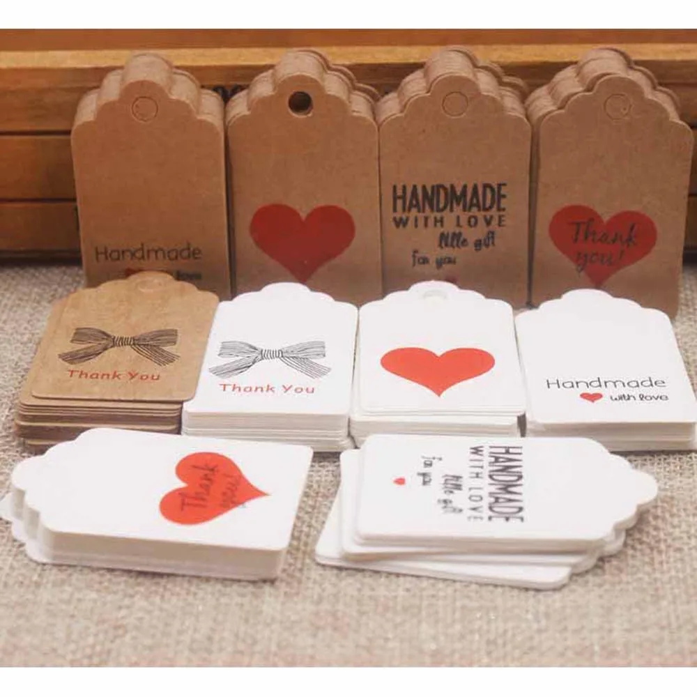 100pcs Retro Thank You Kraft Paper Card Tag Hand Made with Love Gift DIY Decoration Wedding Label Card 5x3cm