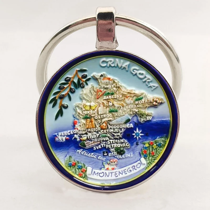 Charm 25MM Keychain Europe Mediterranean Greece Spain France Glass Drawing Keychain Men and Women Jewelry Gifts