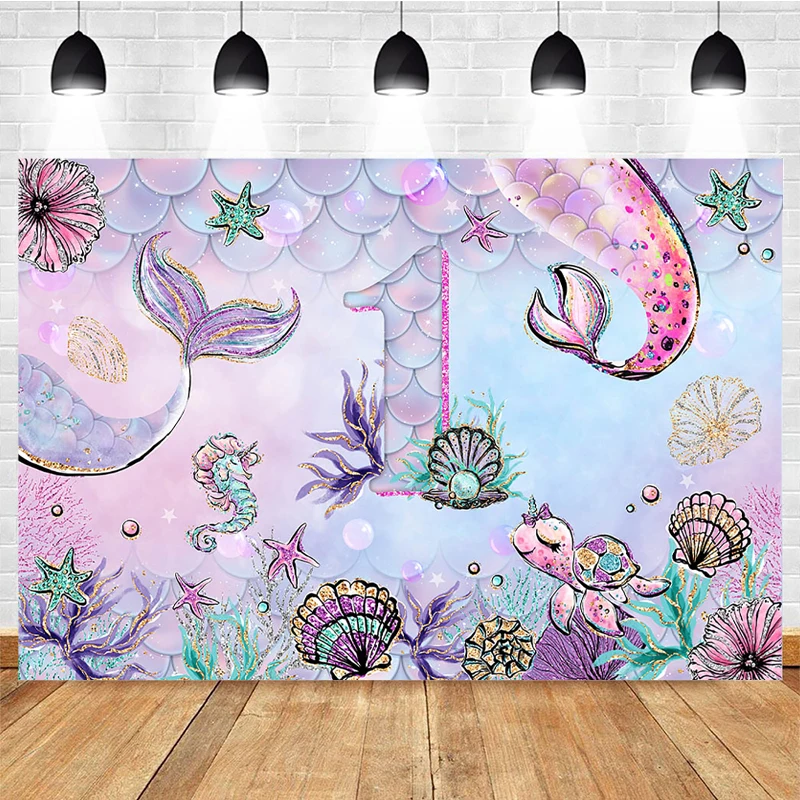 Mermaid Photography Background Underwater World Shell Pearl Decoration Props 1st Birthday Party Photo Backdrop Customized Banner