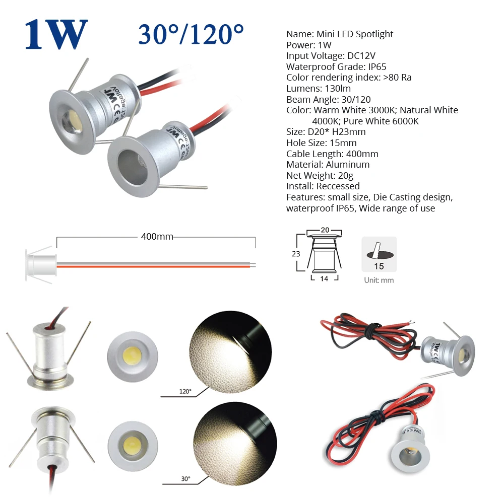 Mini ponto claro conduzido para o uso interno e exterior, impermeável, ip65, 1w, dc12v, temperatura máxima, 80? C, 1 peça