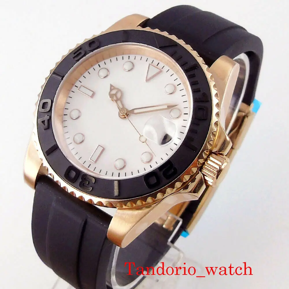 

40mm NH35A MIYOTA8215 MINGZHU2813 Automatic Men's Watch Gold Plated Case White Sterile Dial Cyclops Sapphire Glass Rubber Strap