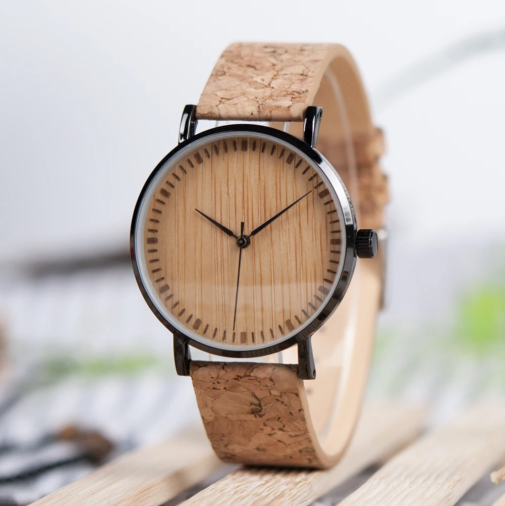 

Men Watch BOBO BIRD Mens Bamboo Wristwatch Stainless Steel Case Bamboo Dial Quartz Watch Natural Cork Band orologi donna V-E19