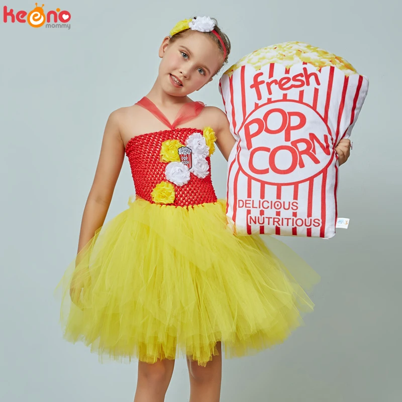 Popcorn Inspired Girls Tutu Dress Children Carnival Birthday Party Costume Circus Popcorn Fancy Kids Baby Food Clothes