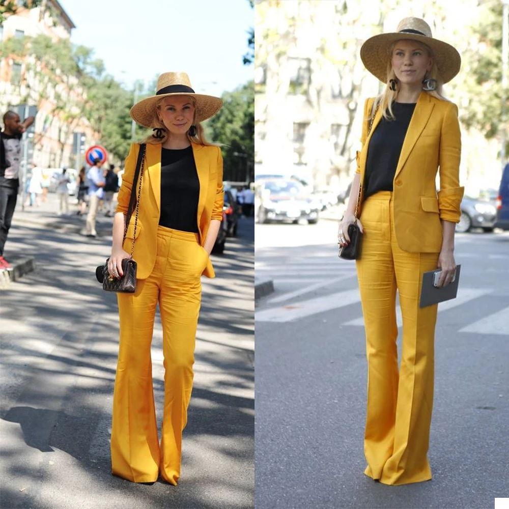 

Slim Fit Women Tuxedos Suits Custom Made Peaked Lapel One Button 2 Pieces Set Flare Pants Streetwear Retro Blazer