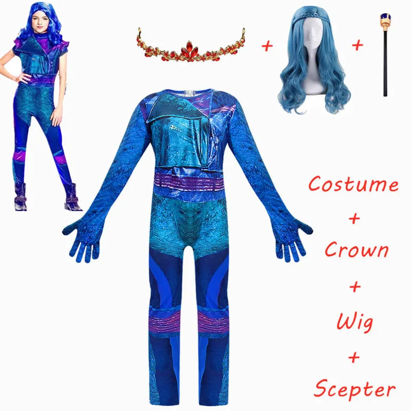 Girls/women queen of mean descendants 3 Mal & evie Cosplay Audrey Costume Girls Halloween Party Clothing 3D Jumpsuits+wig+crown