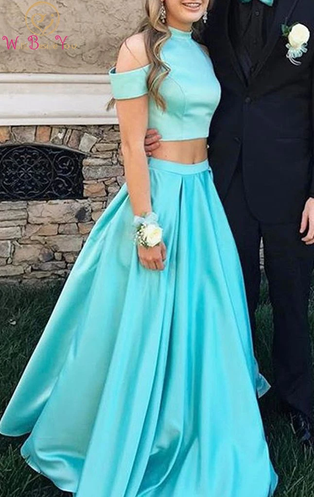 Walk Beside You Mint Green Prom Dresses 2024 Pink Two Pieces Satin High Neck A Line Long Sweep Train Off Shoulder Evening Gowns