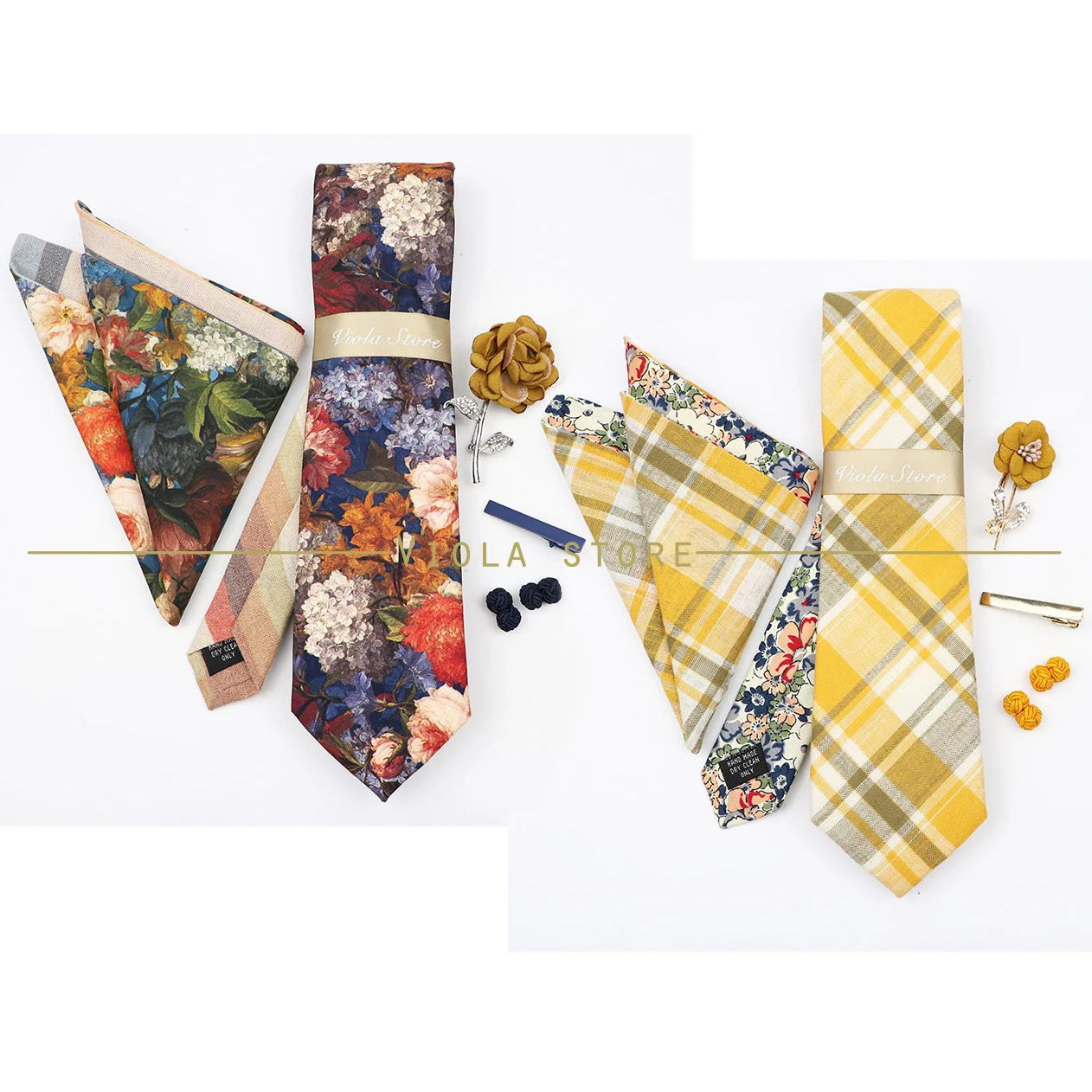 

5 PCS Luxury Cotton Patchwork 7cm Tie Set Brooch Pin Clip Hankie Cufflink Men Party Daily Striped Floral Cravat Gift Accessory