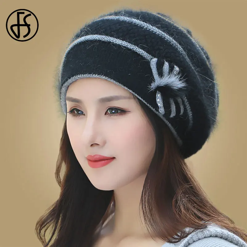 FS Winter Hats For Women Beret Angora Knit Hat Warm Flower Bow Fashion Double Layers Thermal Snow Caps Berets Femme Hiver