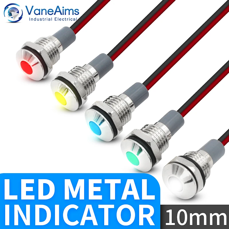 

10mm LED Metal Indicator Light Waterproof Signal Lamp 6V 12V 24V 220v with wire Red Yellow Blue Green White FXB10-LED
