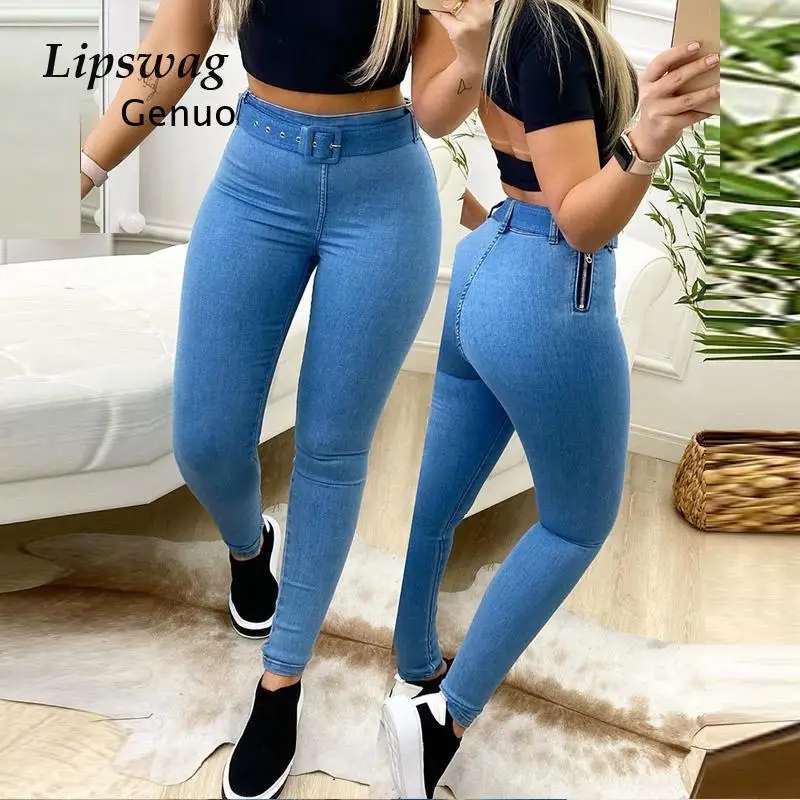 Fashion Solid High Waist Lady Jeans 2021 Women Spring Autumn Bodycon Skinny Pencil Pants Casual Belt Zipper Trousers Streetwear