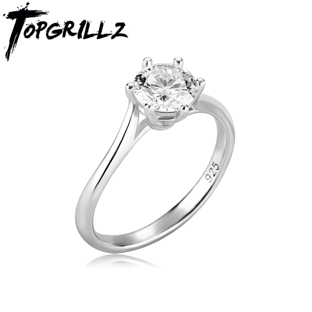 

TOPGRILLZ 925 пробы Серебряное кольцо Moissanite 6,5 мм 1ct D цветное круглое кольцо VVS1 Moissanite свадебное кольцо 18k Белое Золото для невесты