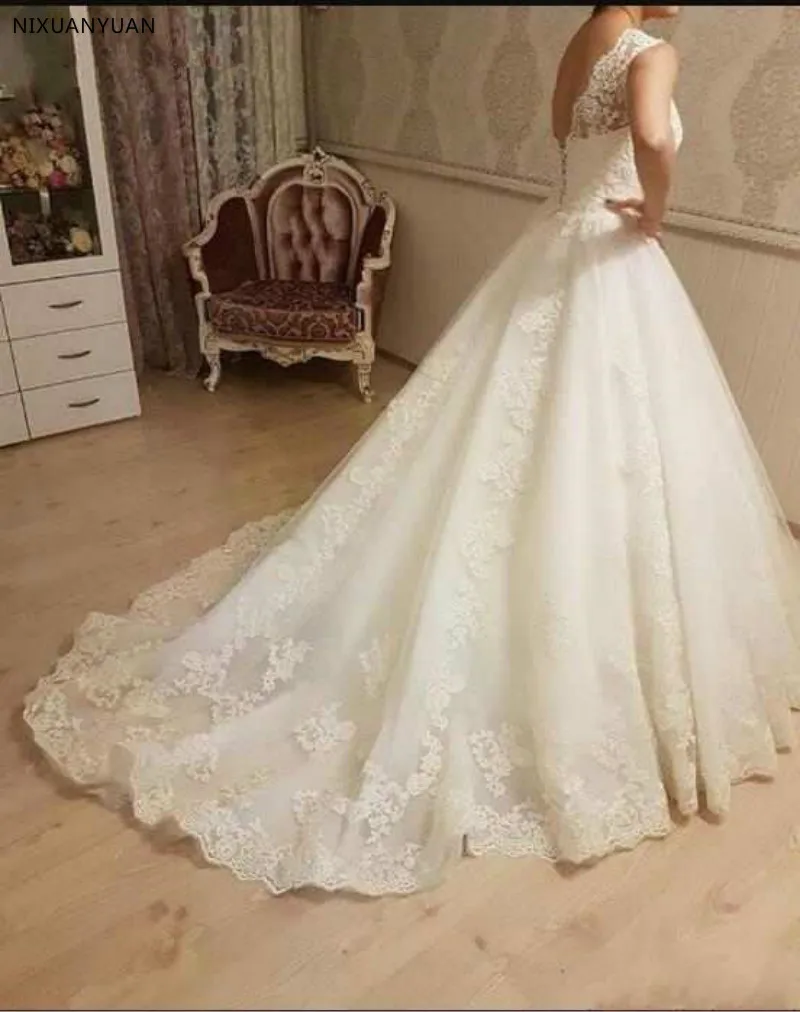 Vestidos De Novia Elegant A-Line Appliques Wedding Dresses V Neck Backless with Lace Up for Bridal Customized Tulle Bridal Gowns