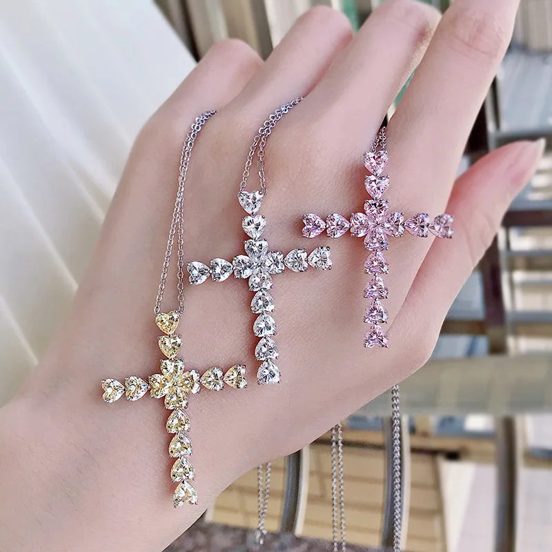 S925 Sterling Silver Heart Cut Crossn Luxury Necklace Pendant Shiny Colorful SONA Stone Including Silver Chain