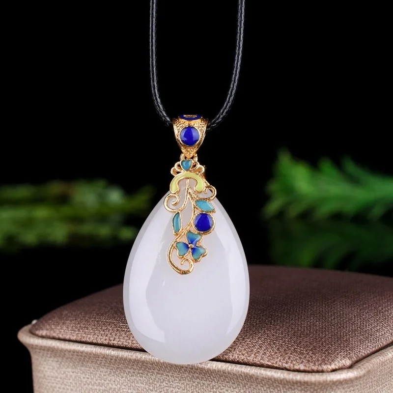 Natural White Jade Hand-carved Water Drop Pendant Fashion Boutique Jewelry for Men and Women Cloisonne Inlaid Necklace Gift