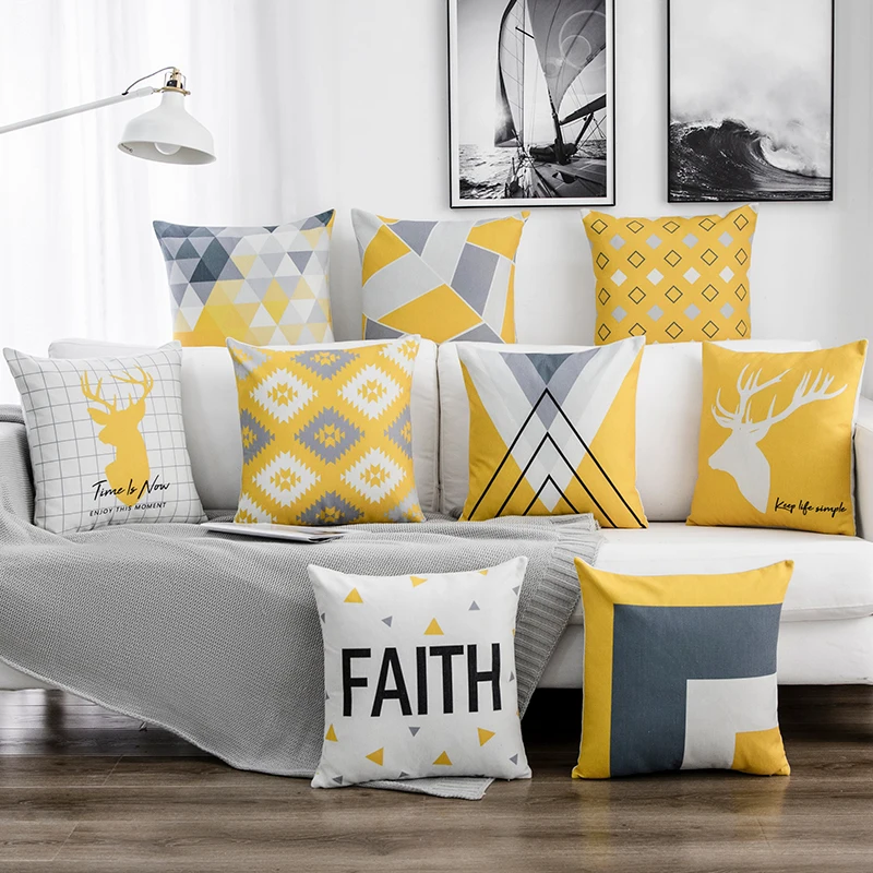 Funda de almohada geométrica nórdica para el hogar, cubierta de cojín de lino con ciervo geométrico, amarillo y gris