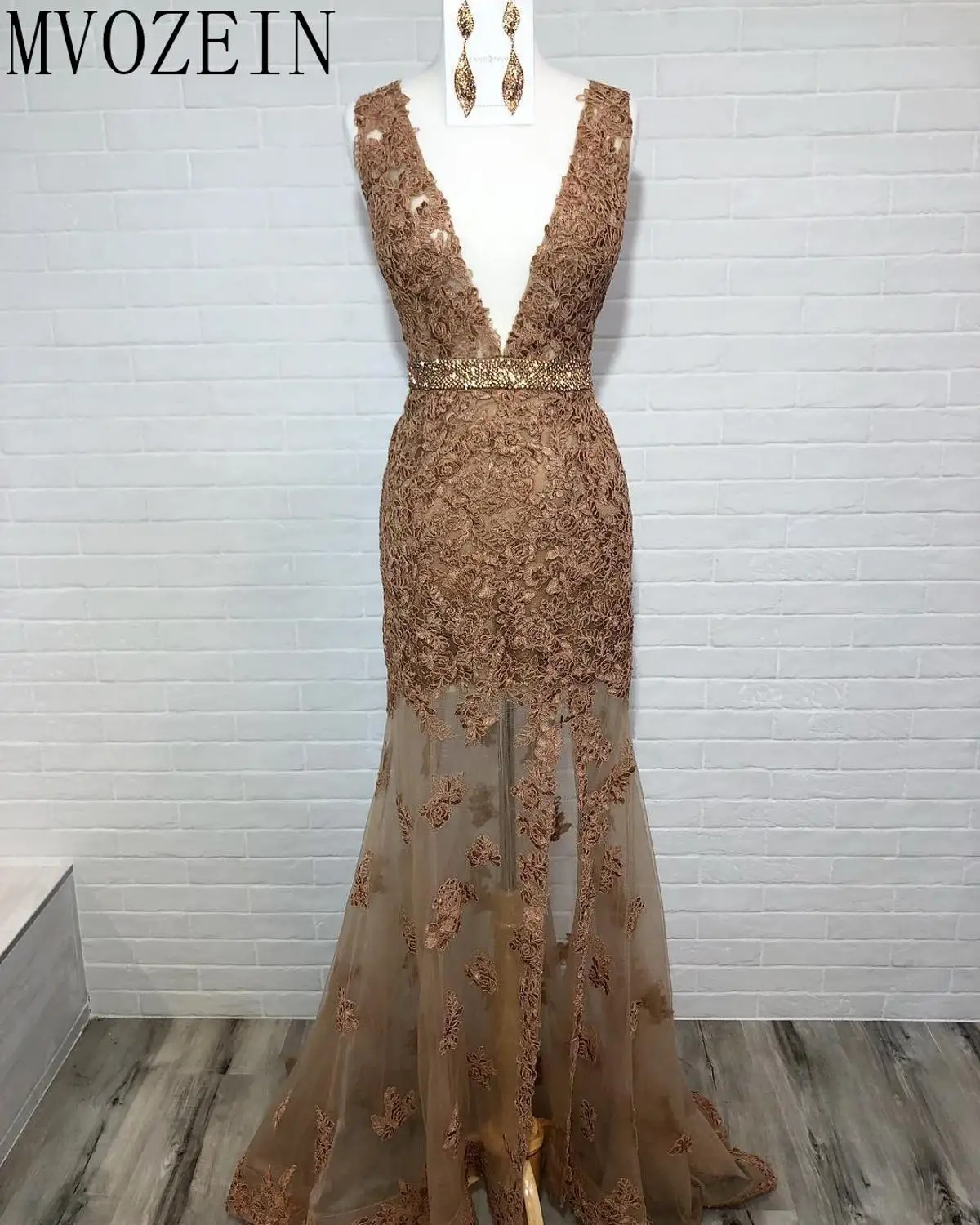 Mvozein Brown Mermaid Evening Dress Deep V-Neck Sleeveless See Through Floor Length Evening Dresses Long Formal Party Gowns