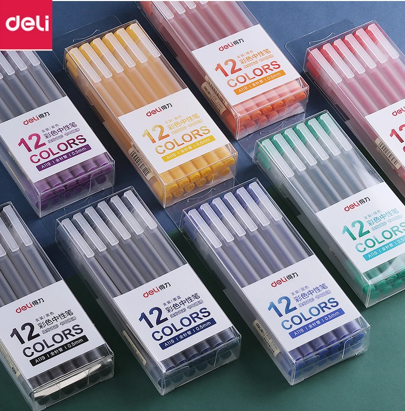 

12Pcs/Set Deli Gel Pen School Pens 0.5MM Color Ink Set Pen Stationery Student SuppliesWater-based Pen Writing Painting Tools