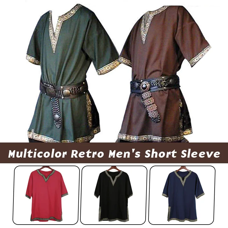 

Medieval Viking Pirate Shirts Knight Warrior Tops Steampunk Renaissance Short Sleeve Tunic Norman LARP Tops Cosplay Costume