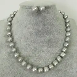 9-10mm Genuine Natural Gray Freshwater Cultured Pearl Necklace Earring Set