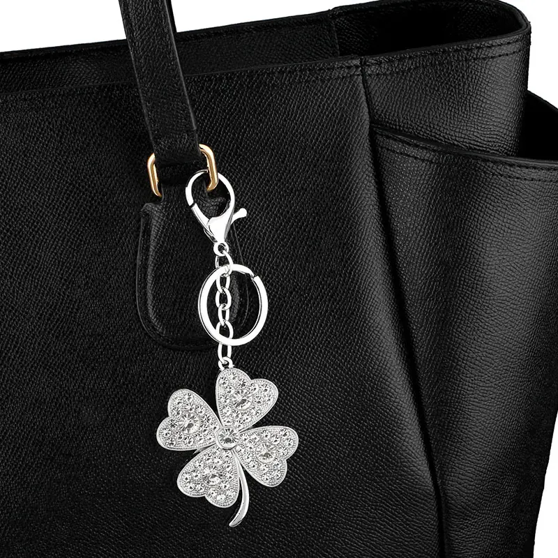 Gold Color Big Leaf Clover Keychains Pendant Charms Micro Paved Crystal Key Chain Accessories Key Ring Holder Bag Car kcha03