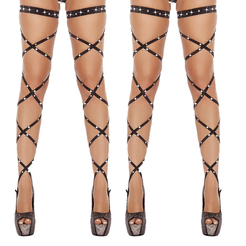 Sexy Women Lingerie Bandage Fishnet Stockings Thigh-High Crystal Studded Thigh High Leg Rave Wraps Strappy Rhinestone Tights