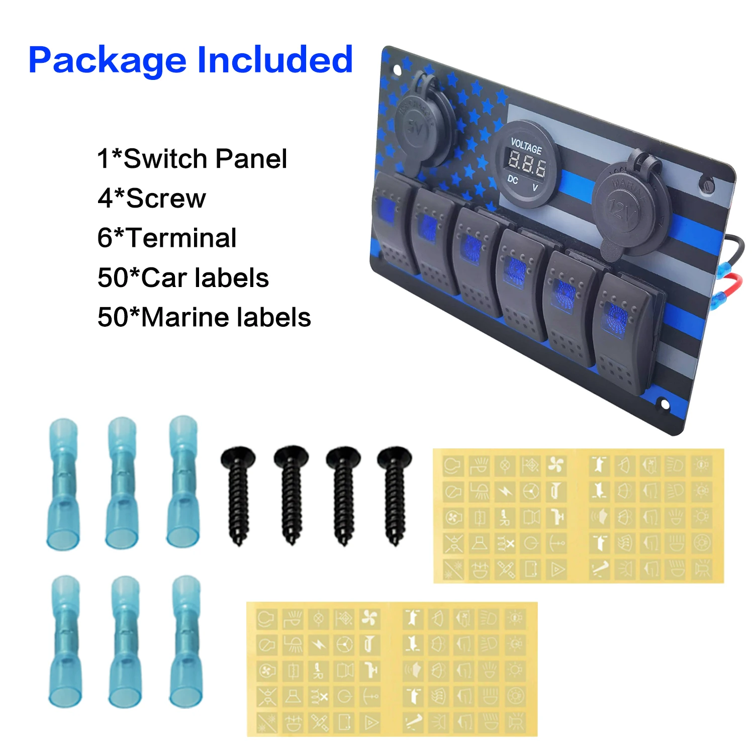 미국 국기 패턴이있는 6 갱 방수 스위치 패널 자동차 용 USB 차량용 충전기 및 전압계 및 전원 소켓이있는 6Pin ON/Off 스위치