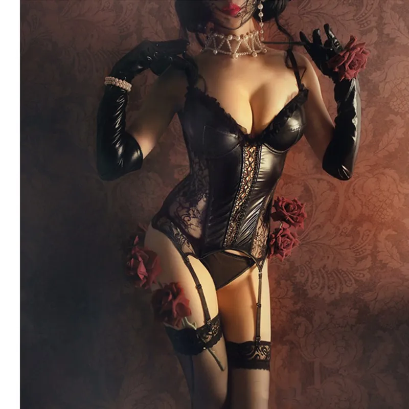 Comeondear PU Leather Lace Sexy Corset Women PVC Overbust Bustier Top Suspenders Belt Plus Size Club Wear Gorset Lingeries