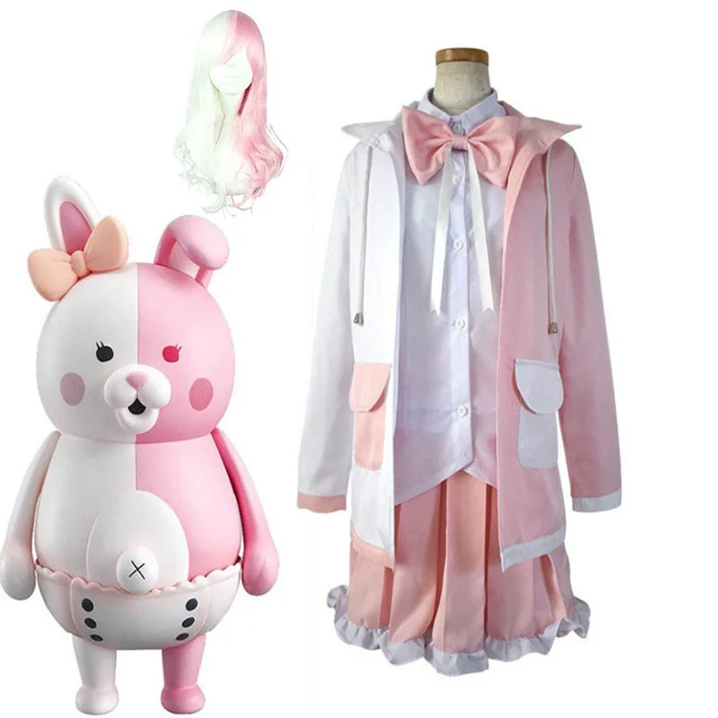 Anime Danganronpa Monomi Cosplay Costume Pink Long Wig Rabbit Bear Girls Coat Carnival Party Dress Skirts Uniform Full Set