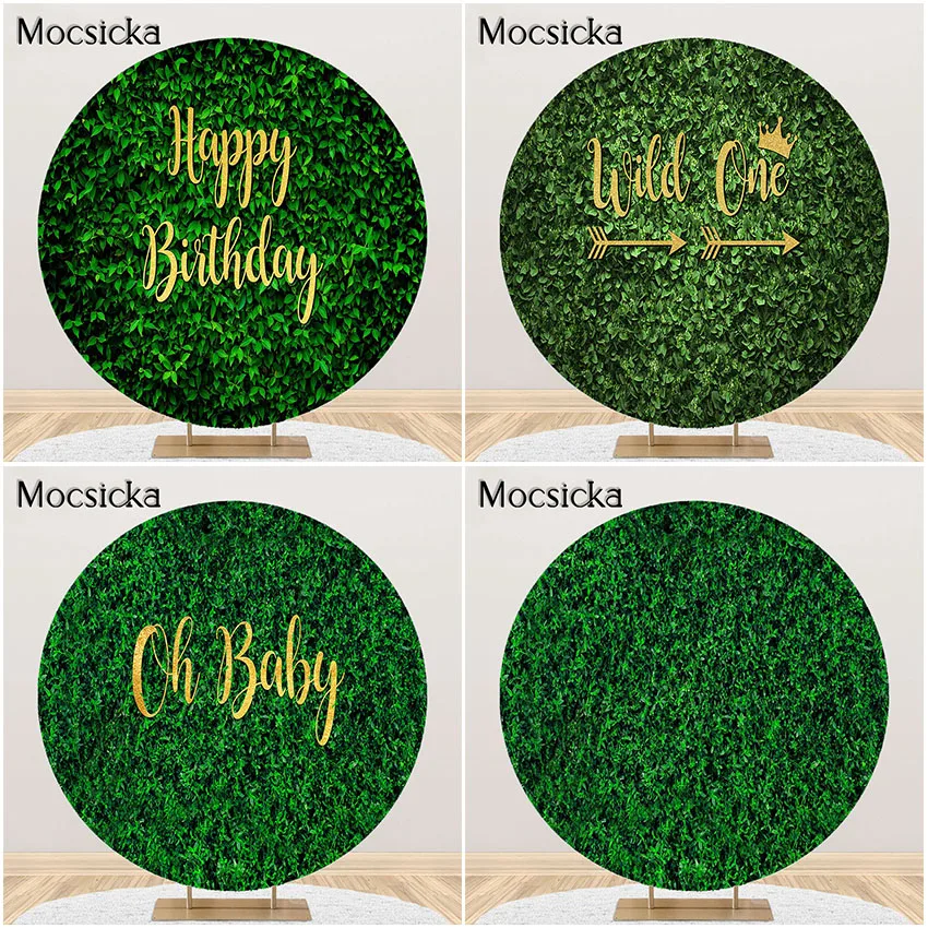 

Mocsicka Green Leaves Backdrop Safari Baby Shower Nature Green Rustic Lawn Leaves Birthday Party Round Circle Cover Background