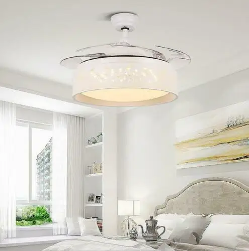 42"Modern Ceiling Fan with Light Remote Control Fan Chandelier  Three-Color Change LED Retractable Blades Chandelier Decor