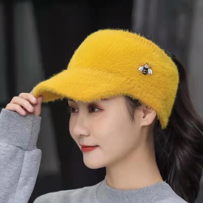 

EmptyTop Spring Autumn Hat sweet Imitation Mink Knitted Outdoor Running Cap Girl College Sunscreen Bee Students Yellow