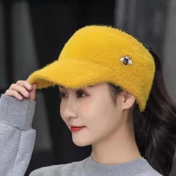 EmptyTop Spring Autumn  Hat sweet Imitation Mink Knitted Outdoor Running Cap Girl College Sunscreen Bee Students Yellow