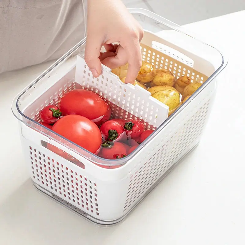 Kitchen Food Storage Basket Box Double-Layer Drain Crisper Plastic Refrigerator Fruit Vegetable Containers Lid Sealed Organizer