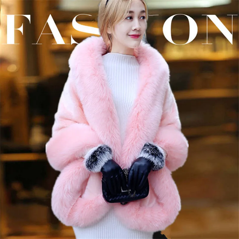 Winter Ladies' Genuine Knitted Mink Fur Shawls Fox Fur Collar Women Fur Pashmina Wraps Bridal Cape Coat Jacket