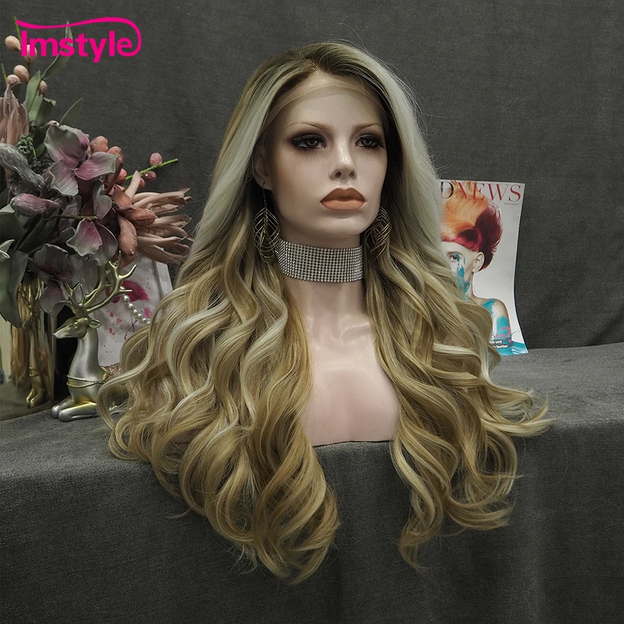 Imstyle-Perruque Lace Front Wig synthétique mixte blonde 24 pouces, perruques 03/Wigs pour femmes, fibre de degré de chaleur, ondulée naturelle