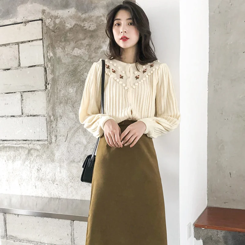 Women Sweet Gentle Floral Lantern-Sleeved Knitted Sweater Girls Korea Cute Chic Simple Fresh Cardigans Sweaters