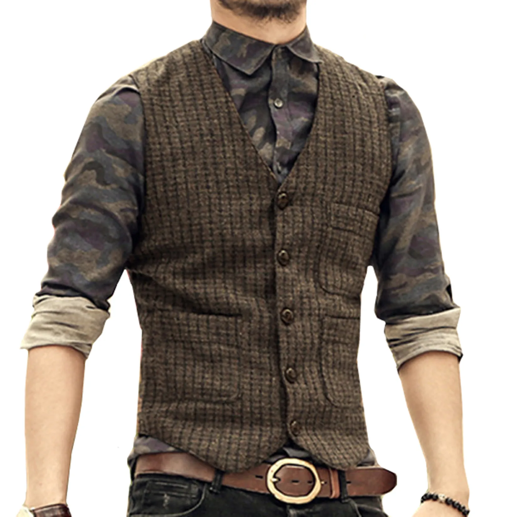 Men\'s Houndstooth Vest Casual Men\'s Vests Man Gilet Elegant Man Suit Male Mens Waistcoat Suits Clothing Sleeveless Formal Modern