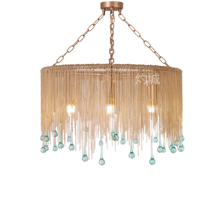American Copper Chain Blue Glass Drop Chandeliers Lights Retro Luxury Living Room Bedroom Lamps French Dining Hanging Fixtures