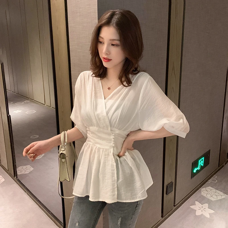 2019 mode Herbst v-ausschnitt Bluse shirts frauen Laterne Halbe hülse Schlanke Taille Tops Elegante Sexy Büroarbeit Blusen Schwarz weiß