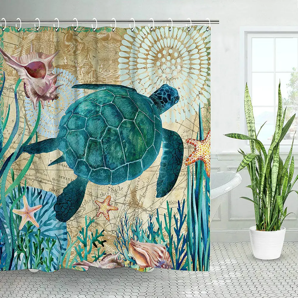 Sea Turtle Shower Curtain Ocean Retro Nautical Theme Starfish Conch Plant Bohemian Watercolor Bathroom Decor With Hook Screen