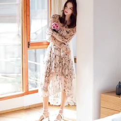 100% Silk Dresses Women Natural Silk Floral Dress Two Pieces Print Long Dress O Neck Long Sleeves Ruffles Dress Fashion